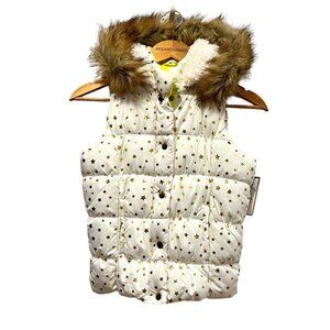 Girls Puffer Hooded Vest, NWT, White Gold Stars, L (10/12)
